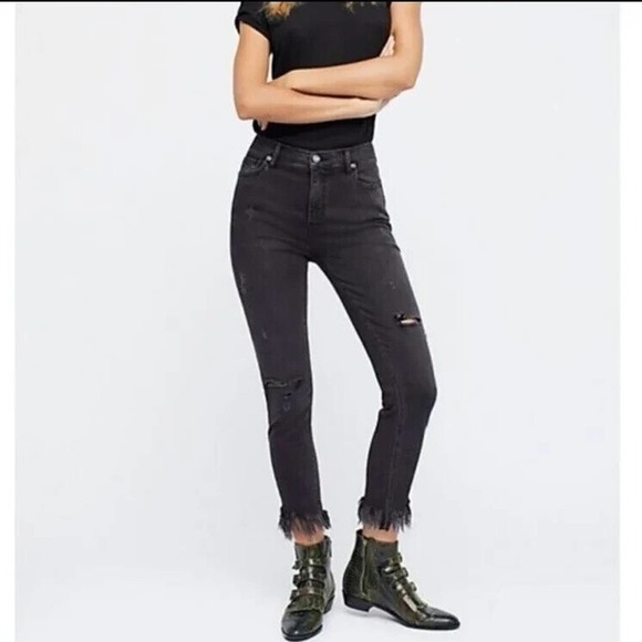 Free People Vintage Black Great Heights Frayed Distressed Skinny Jeans Size 24 - Picture 3 of 16
